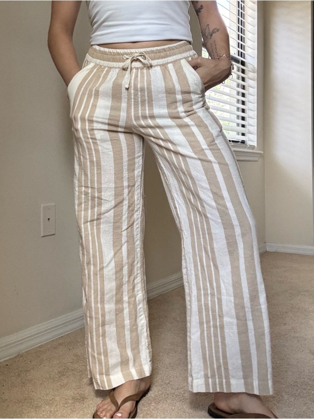 Indian Summer Beige & White Striped Wide-Leg Drawstring Pants - Picture 3 of 6